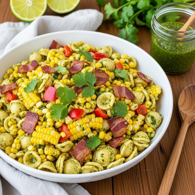 Corn Pasta Salad with Turkey Bacon and Creamy Pesto Dressing