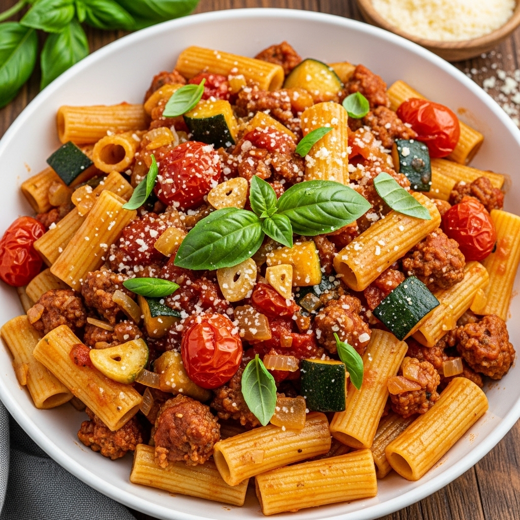 Rigatoni with Sausage Tomatoes and Zucchini