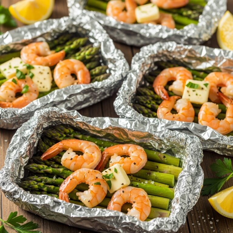 Shrimp and Asparagus Foil Packs with Garlic Lemon Butter Sauce