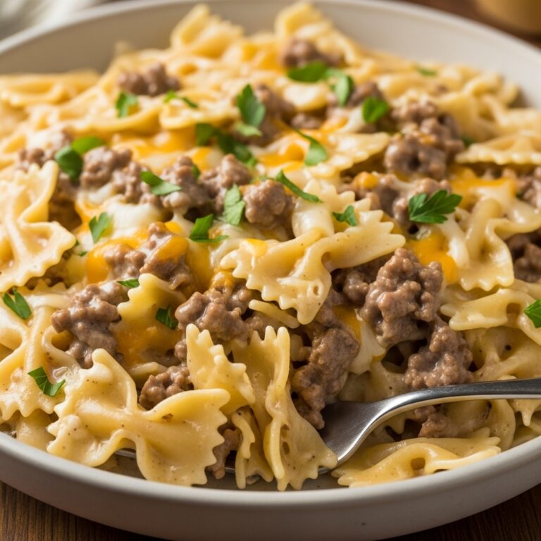 This Beef And Bowtie Pasta With Alfredo Sauce Is A Creamy