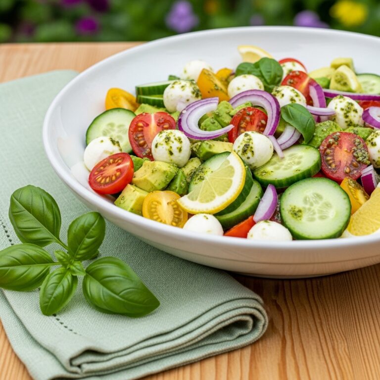 Tomato Cucumber Avocado Salad with Mozzarella and Basil Pesto