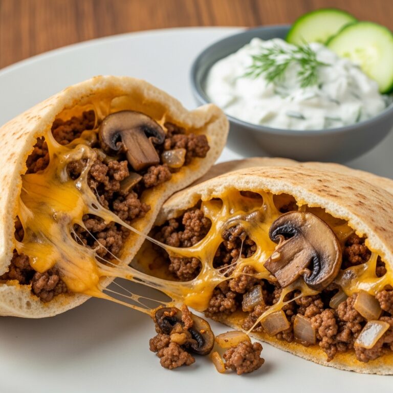 Cheesy Beef and Mushroom Pita Pockets with Tzatziki Sauce