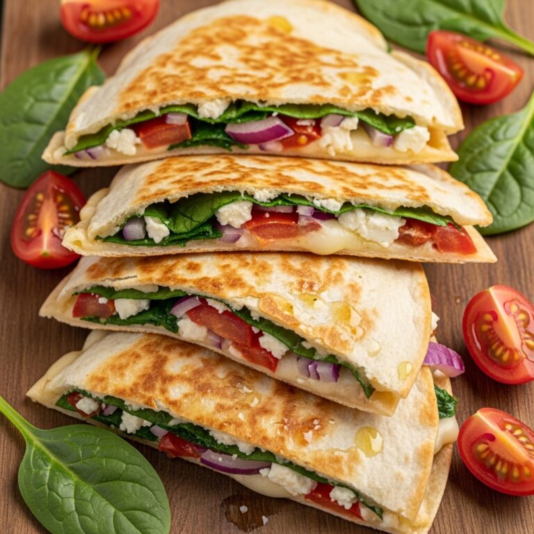Mediterranean Quesadillas with Spinach Feta Mozzarella and Red Onion